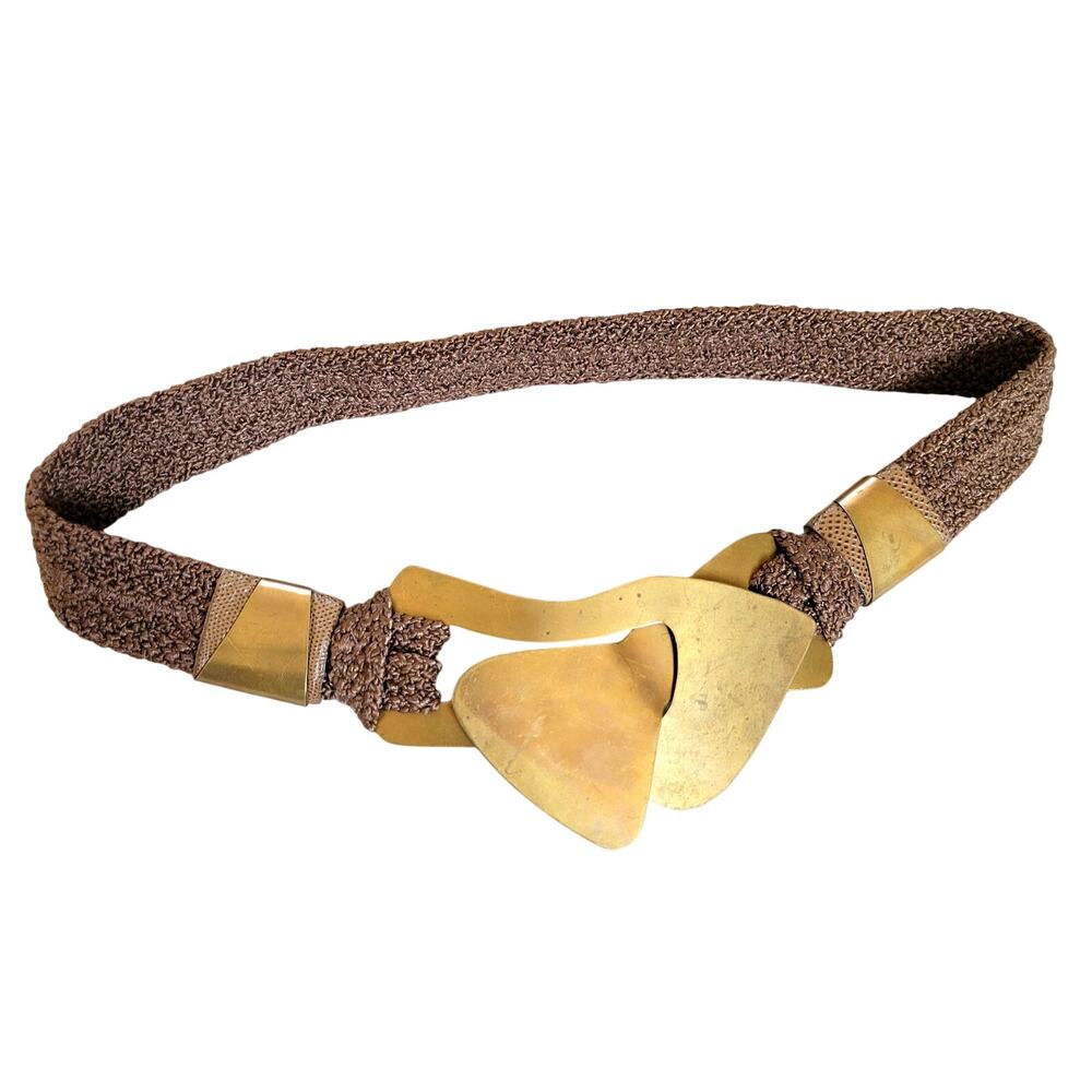 Vintage Brass Waist Belt Womens M* Crocheted Stretchy Brown Unique Boho Hippie